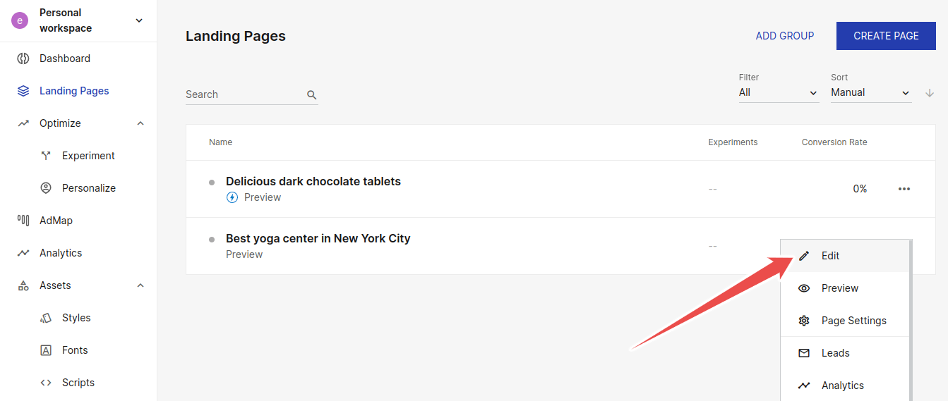 Edit your Instapage landing page in the Instapage user interface